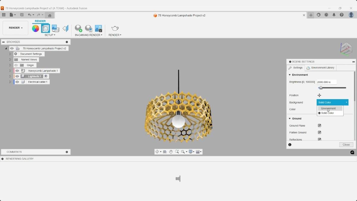 Fusion Render workspace with Scene Settings open for the completed honeycomb lampshade.