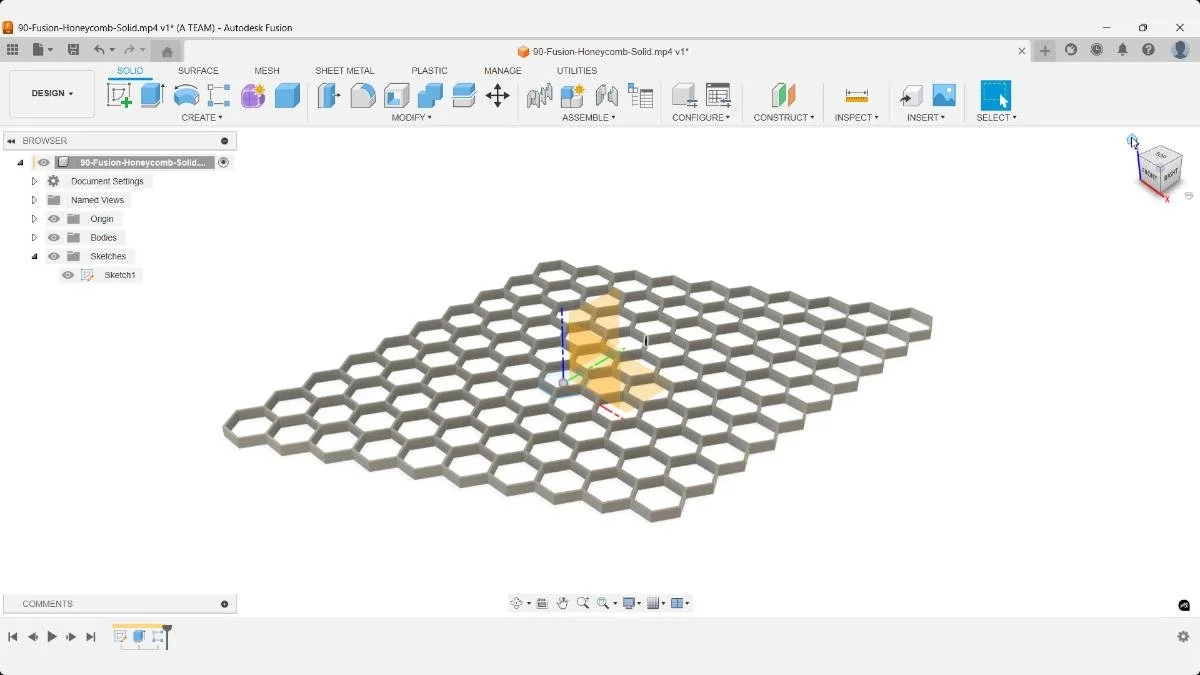 Completed honeycomb pattern created with the solid modeling tools in Fusion.