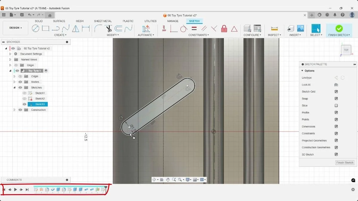 Fusion sketch slot shape for tire tread design