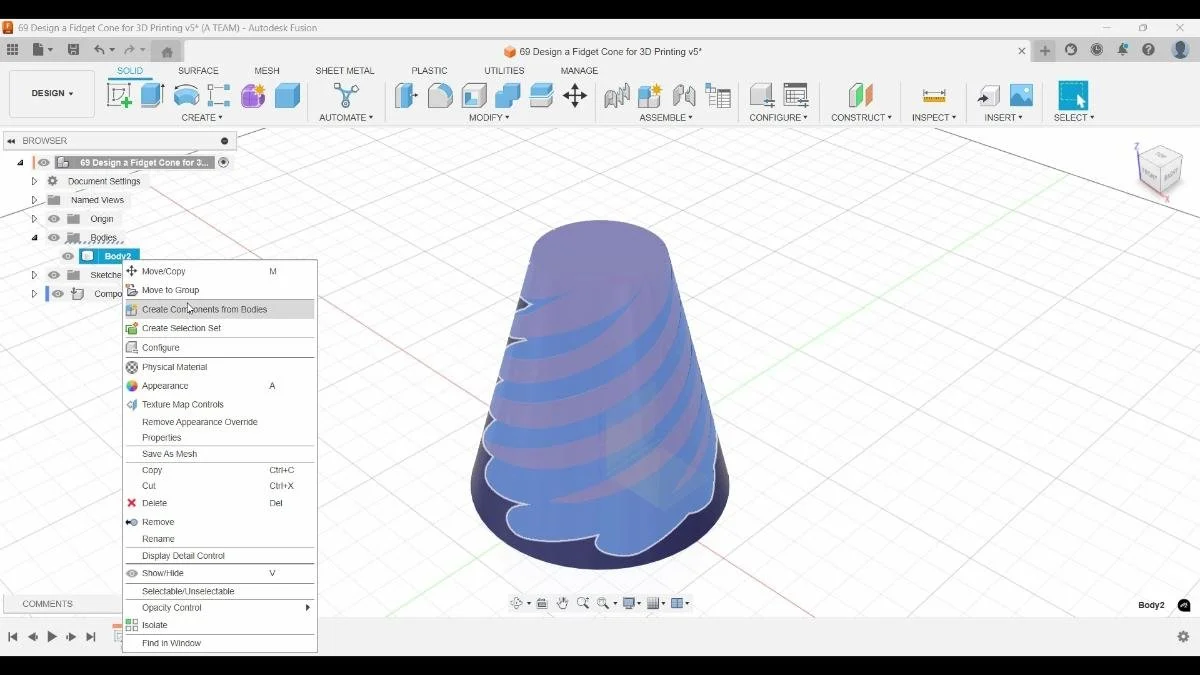 fusion fidget cone create components from bodies workflow