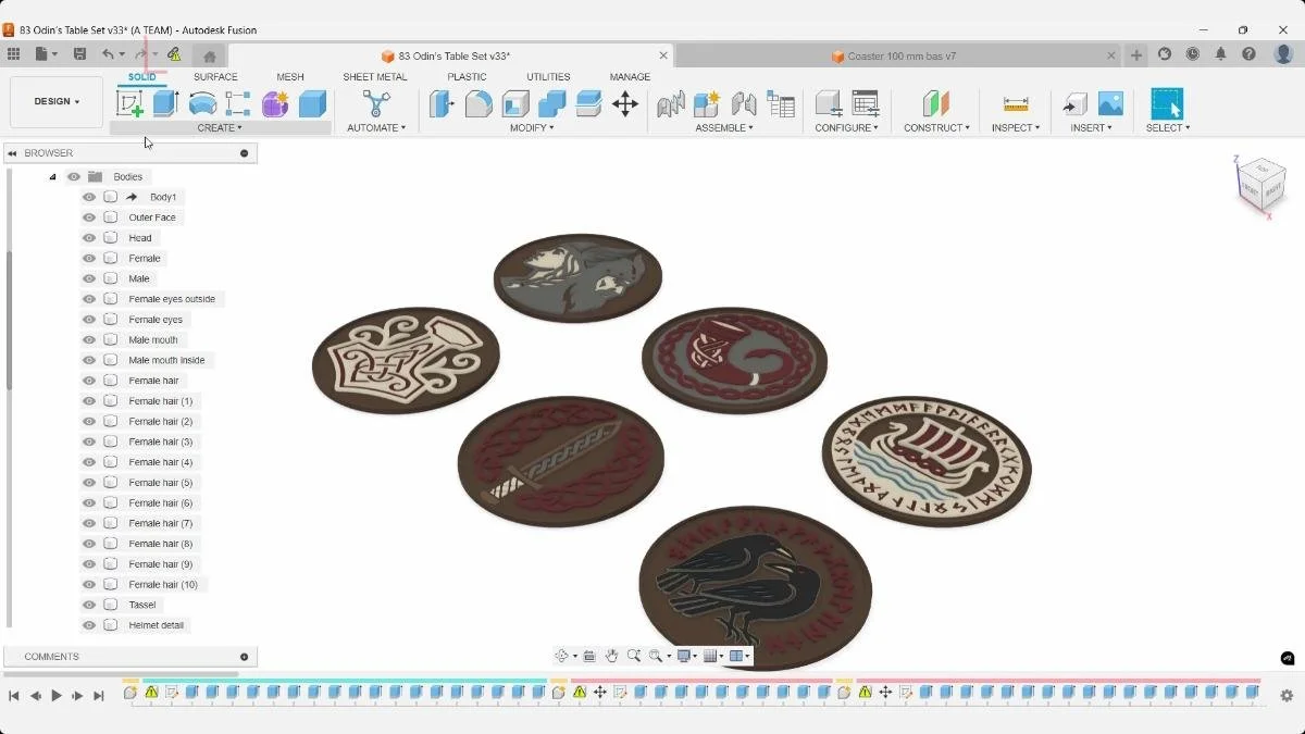 Six Viking coasters in Fusion after updating linked geometry from the shared master file.