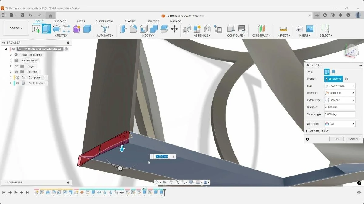 Fusion Extrude Cut removing 3 mm of material from the bottle holder base.
