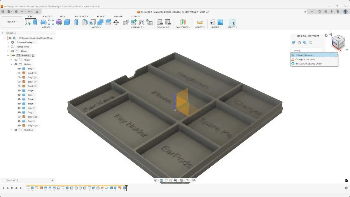 Design shortcuts menu opened to access Change Parameters.