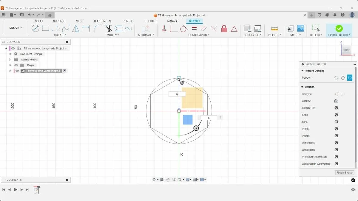 Fusion polygon sketch creating the first hexagon for the honeycomb lampshade.