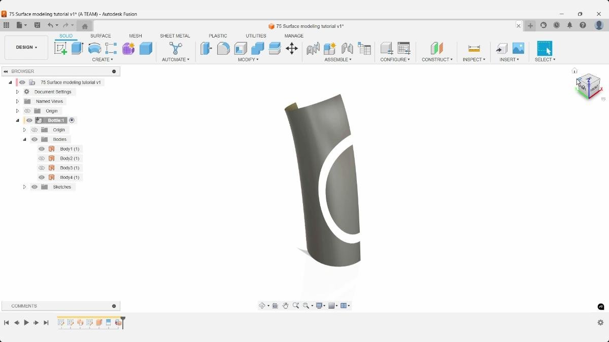 Bottle surface divided into separate surface bodies in Fusion.