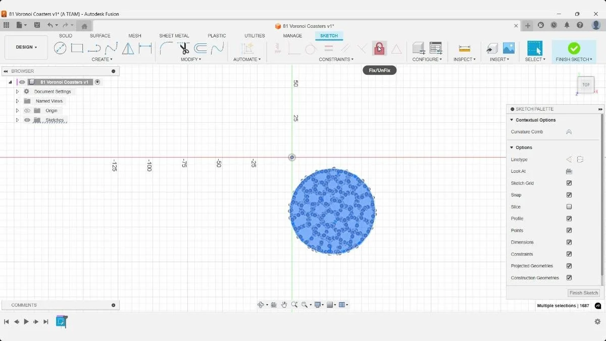 Voronoi coaster sketch selected in Fusion with the Fix/UnFix constraint highlighted.