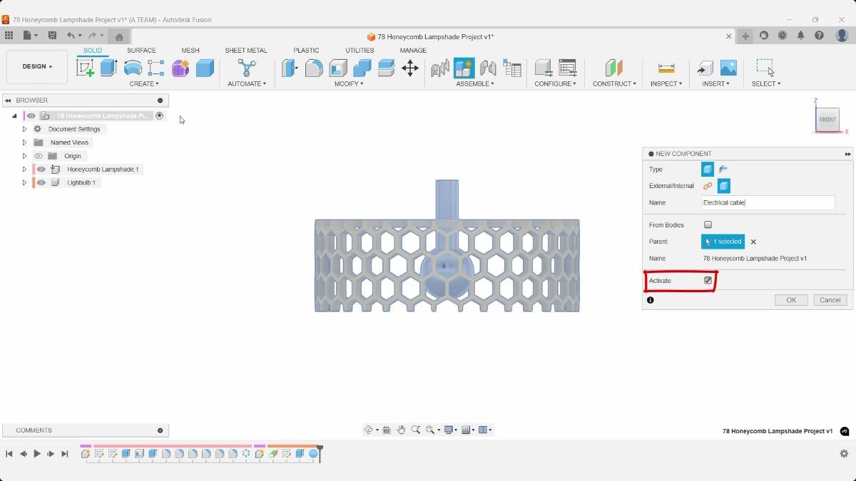 Fusion New Component dialog creating an Electrical cable component for the honeycomb lampshade.