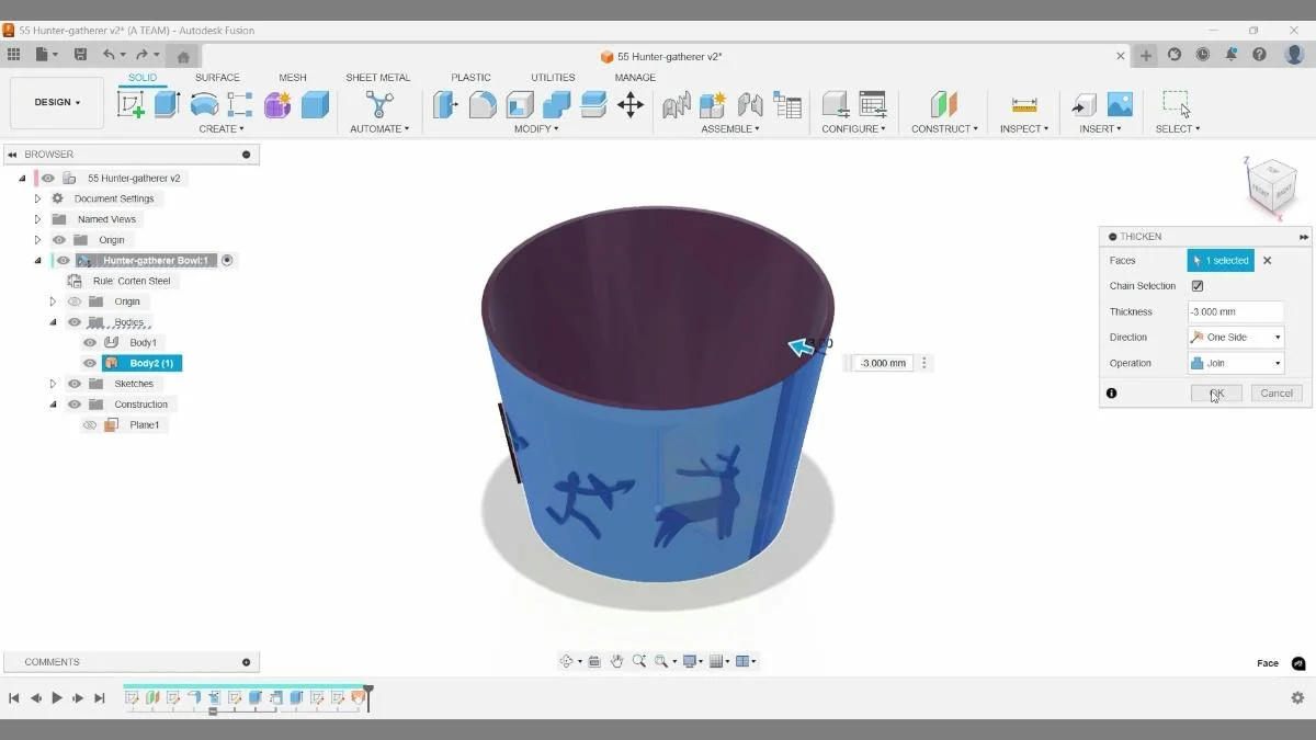 Thickening a surface loft in Autodesk Fusion to create the bowl wall