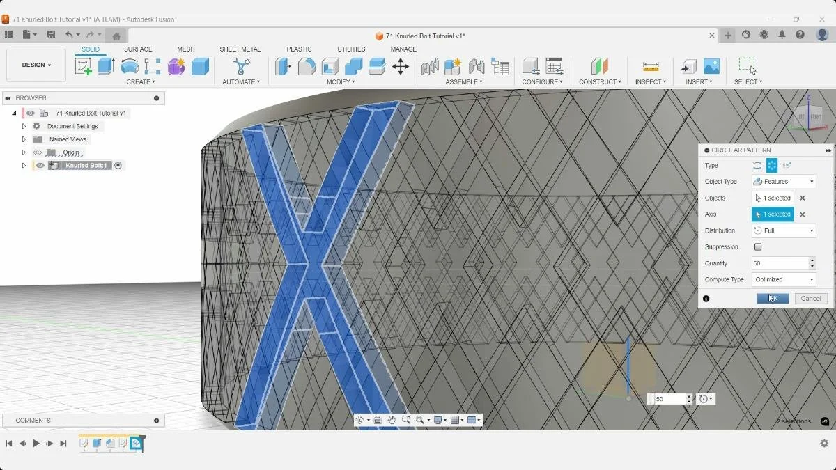 Fusion circular feature pattern creating diamond knurl