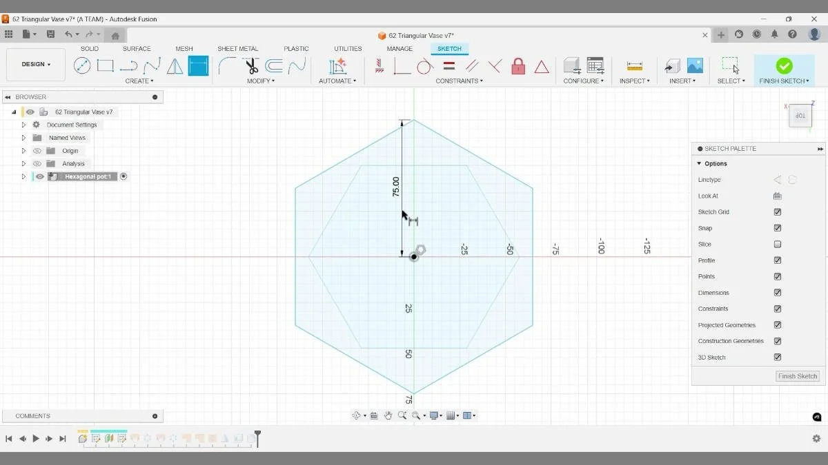Fusion sketch geometry controlling triangular vase dimensions
