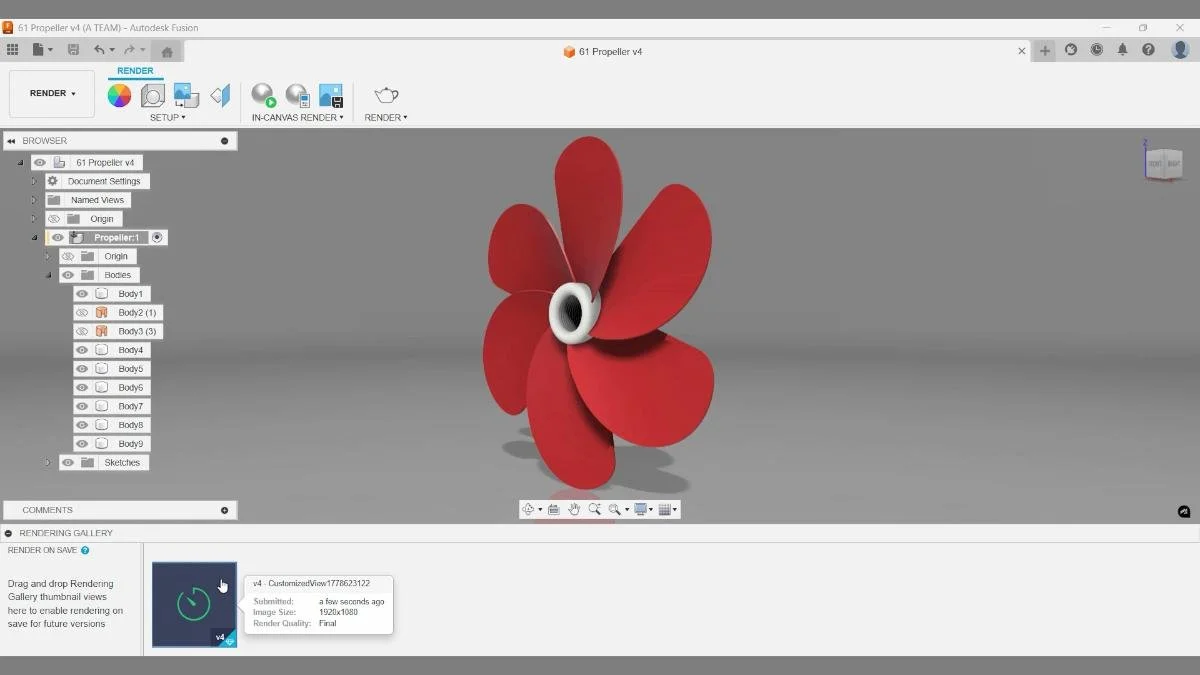 Rendered Fusion propeller model with glossy red blades.