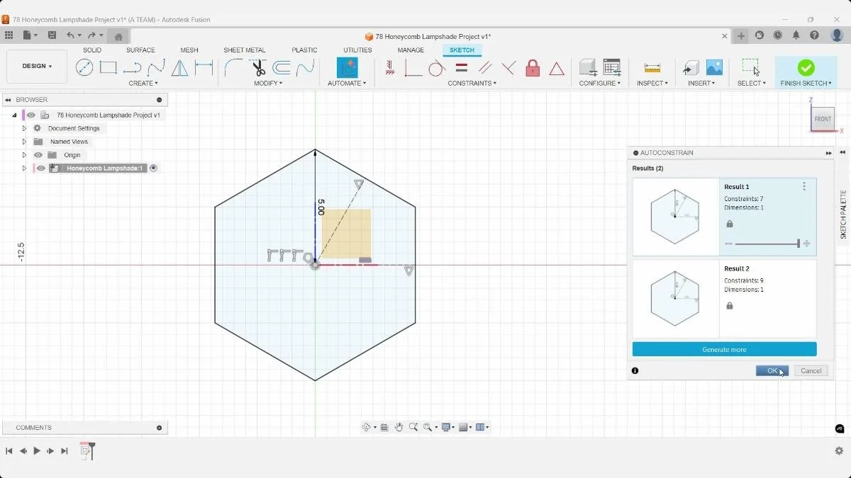 Fusion AutoConstrain results applied to the 5 mm honeycomb hexagon sketch.