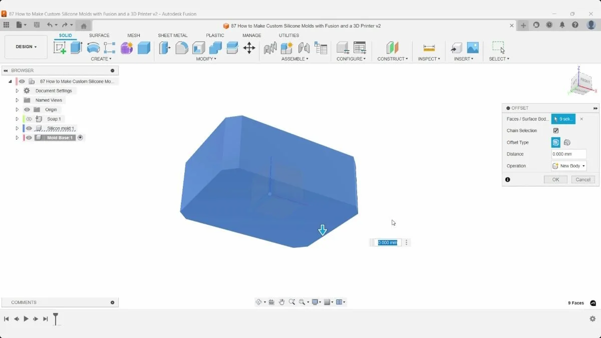 Exterior mold faces selected in Fusion for a zero-distance surface offset.