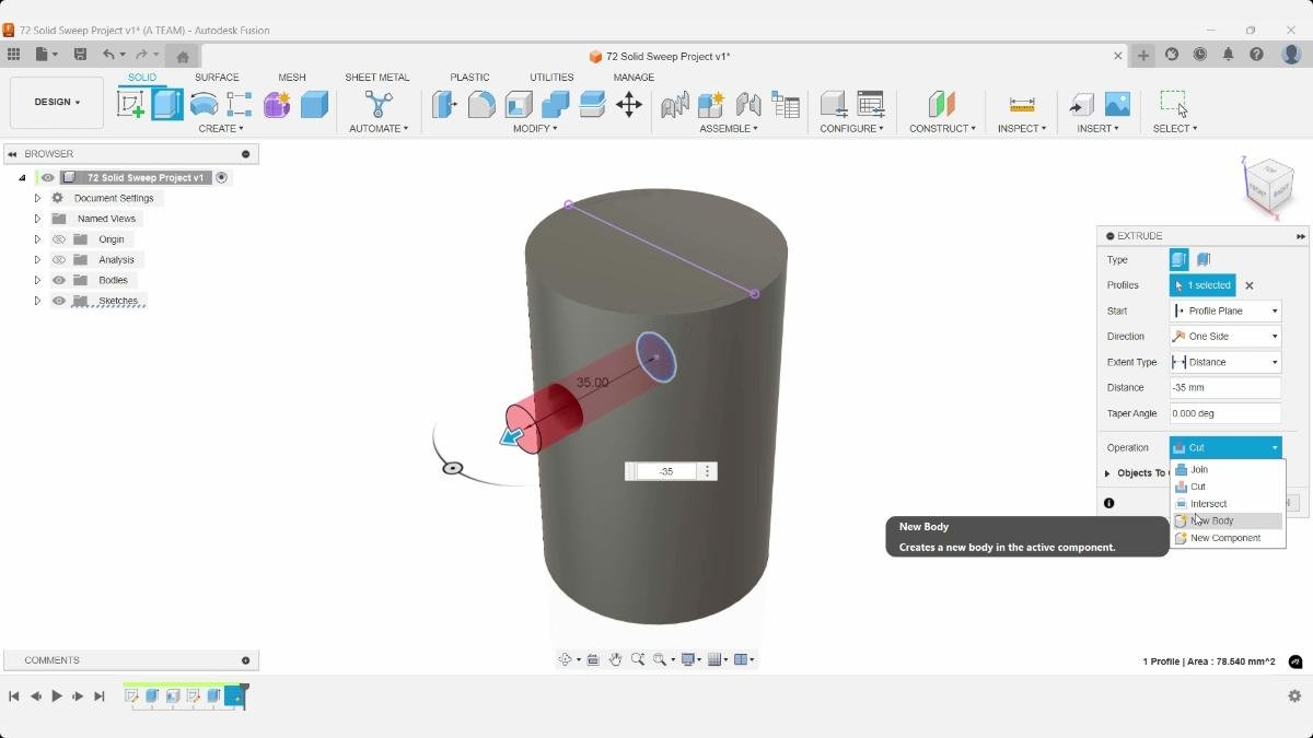 Fusion extrude command creating knob as separate body