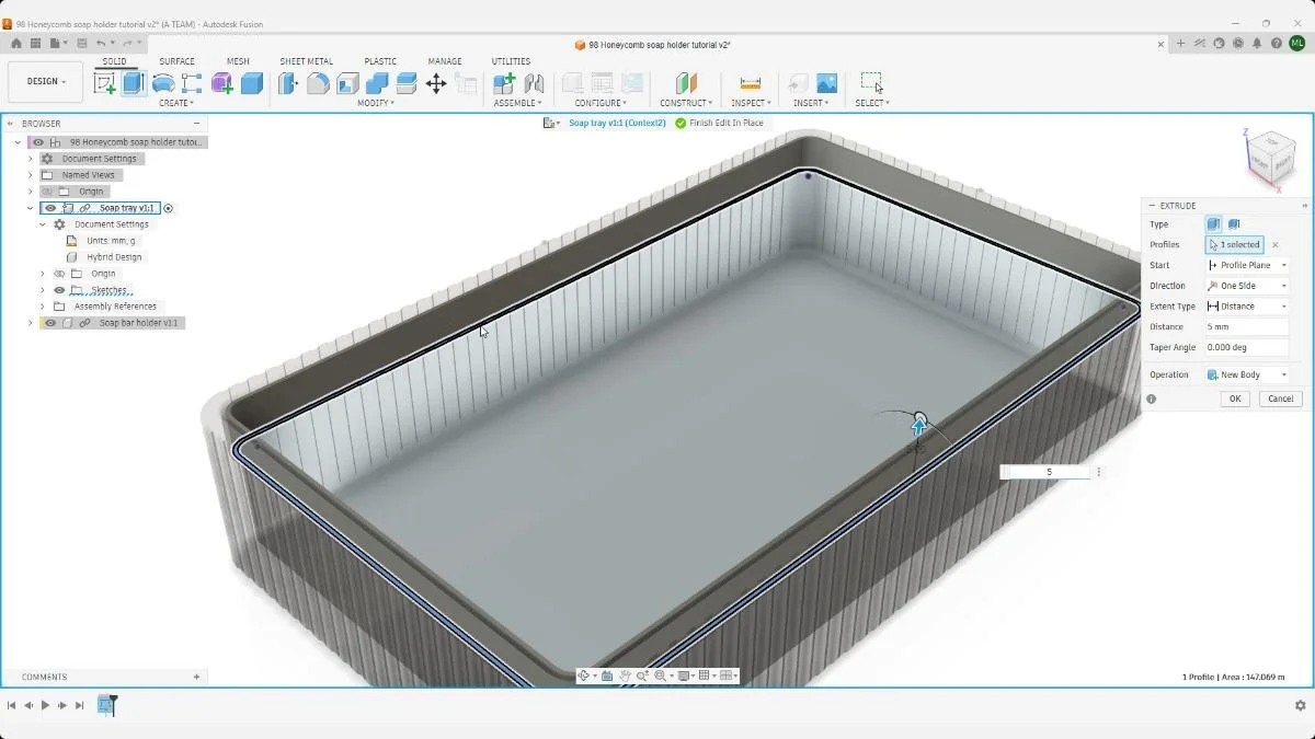 Fusion soap tray frame extrude feature