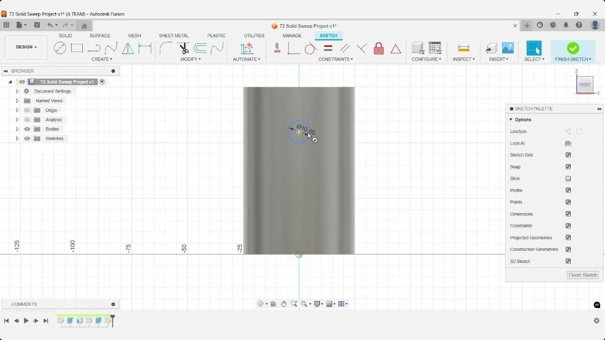 Fusion sketch positioning circular knob profile on cylinder wall