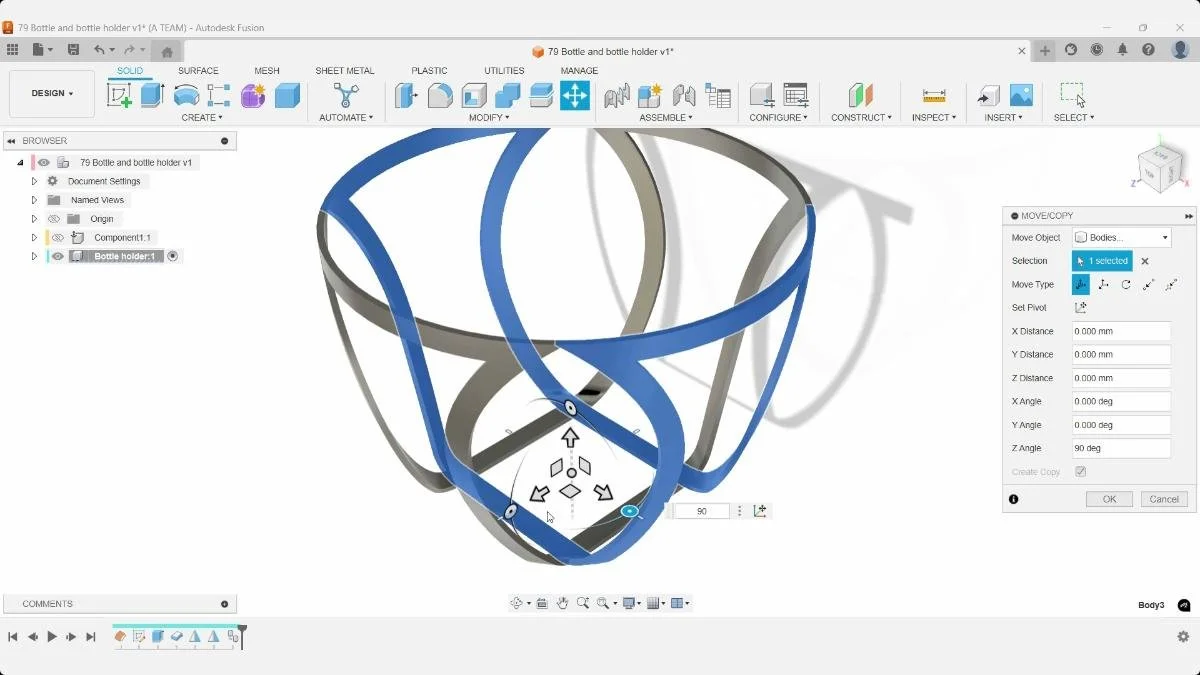 Fusion Move/Copy command rotating bottle holder geometry 90 degrees around the Z axis.