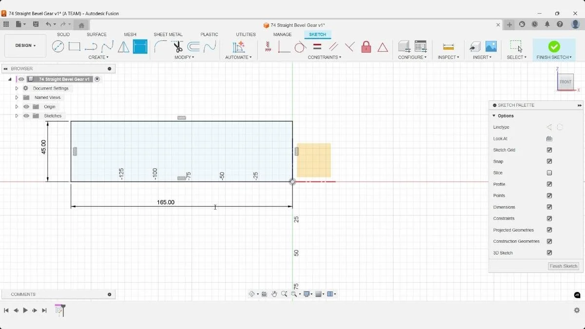 Bevel gear shaft sketch profile with dimensions in Fusion