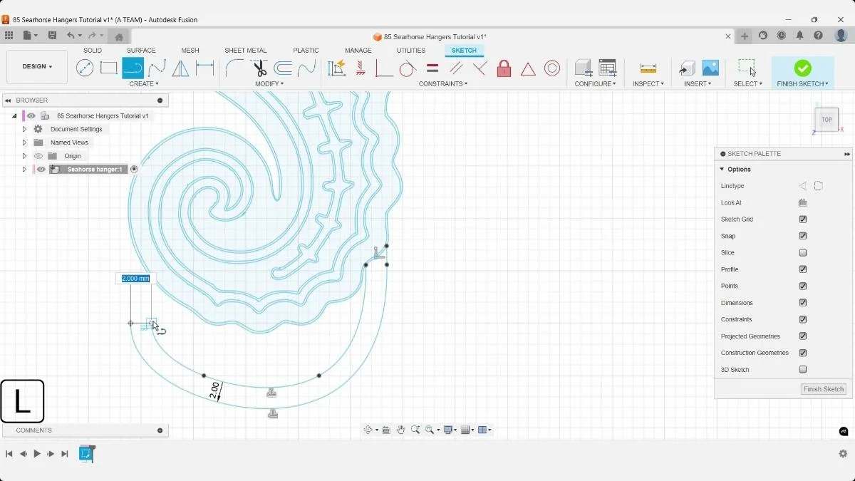 Fusion sketch zoomed in on curved lines around the seahorse’s tail.