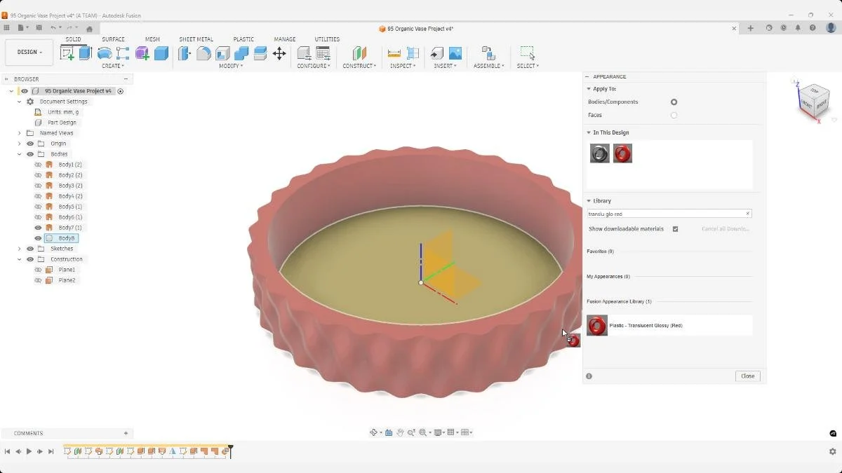 Fusion appearance editor applying plastic material to organic pen holder model