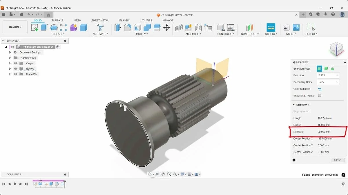 Measuring gear diameter with the Measure tool in Fusion