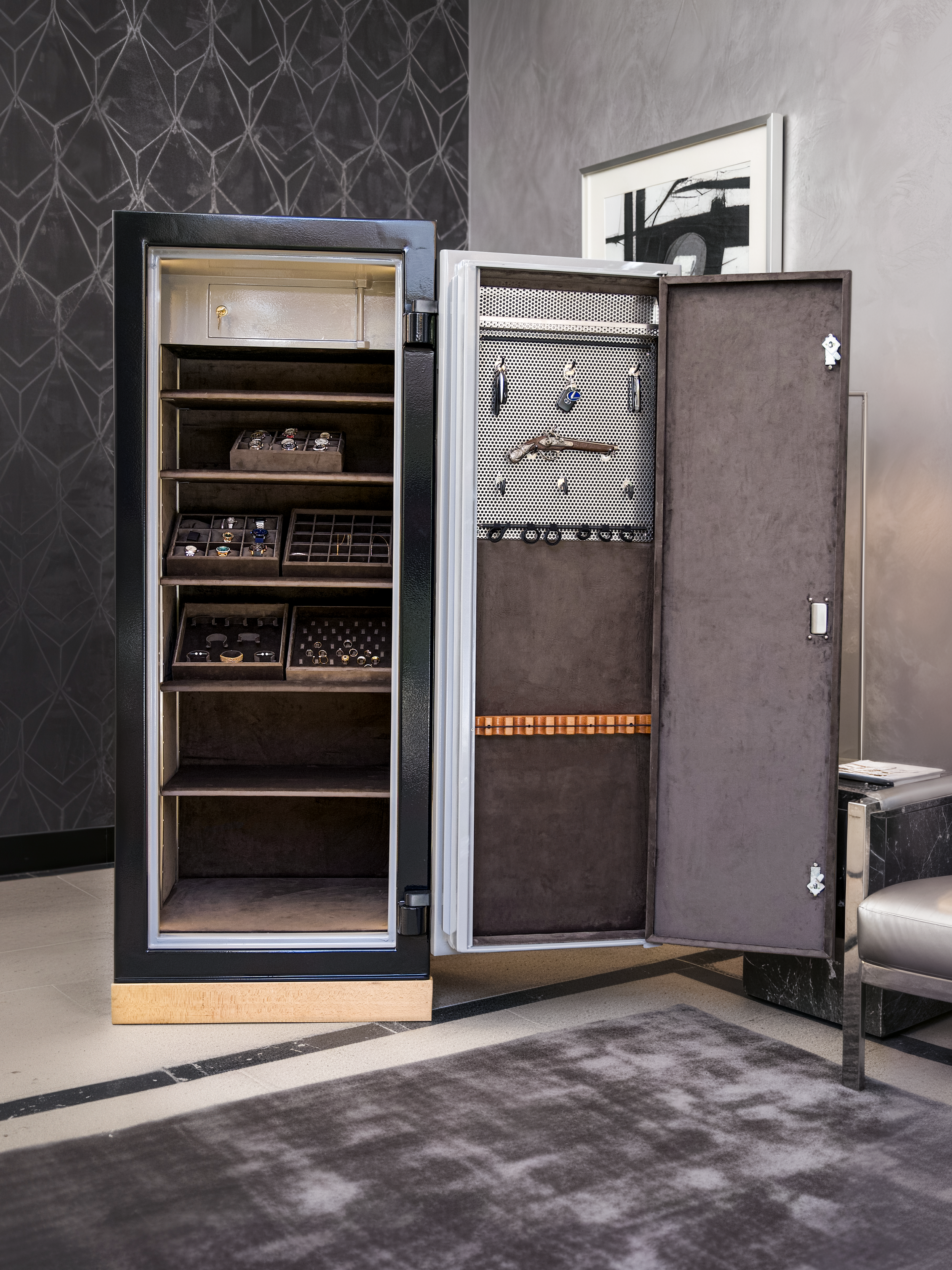 A custom-made safe with an inner door compartment for discreet gun storage. 
