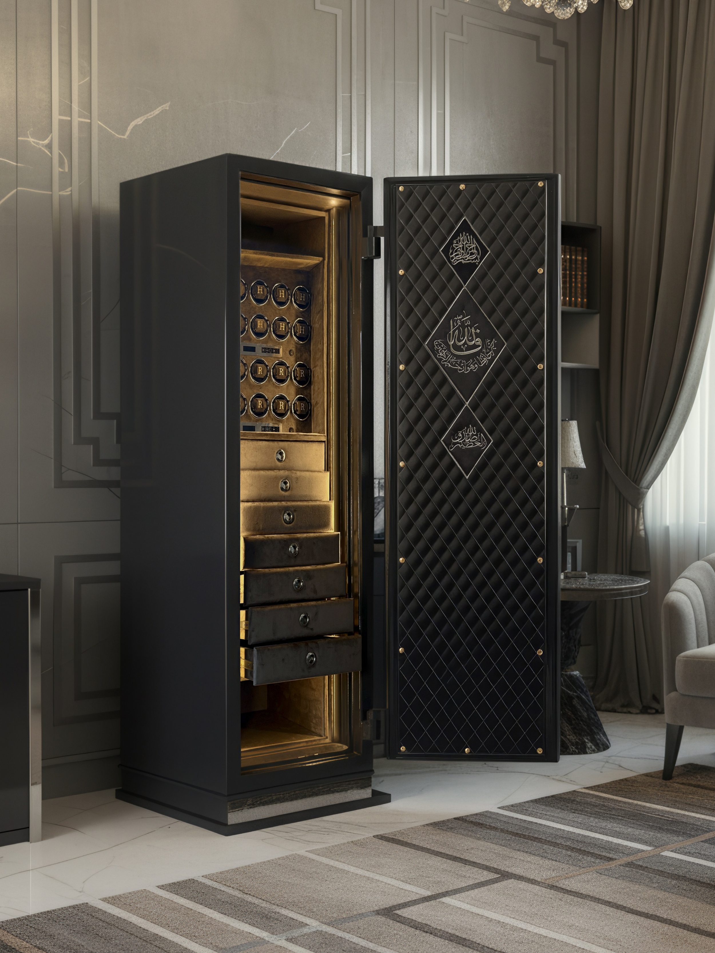 Custom Safe with a custom embroidered on the inner door, equipped with 16 watch winders, and 7 drawers for jewellery and gold bulletins.