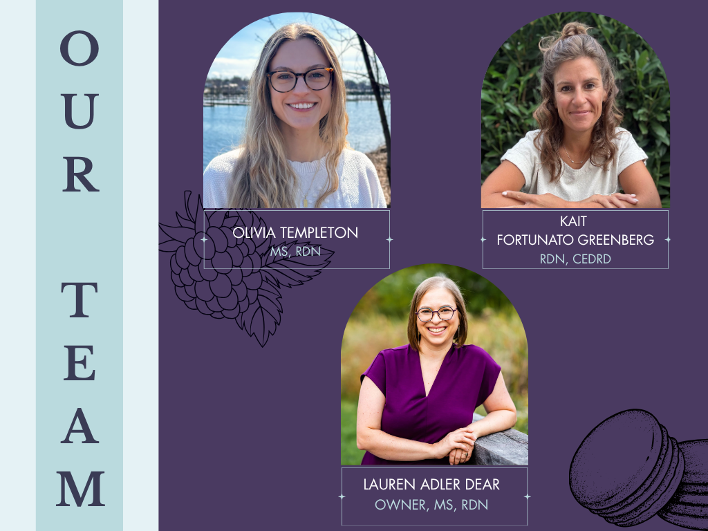 Graduation announcement featuring three women, Olivia Templeton, Kait Fortunato Greenberg, and Lauren Adler Dear, with their names and titles, against a purple background with decorative grapevine and stack of macarons illustrations.