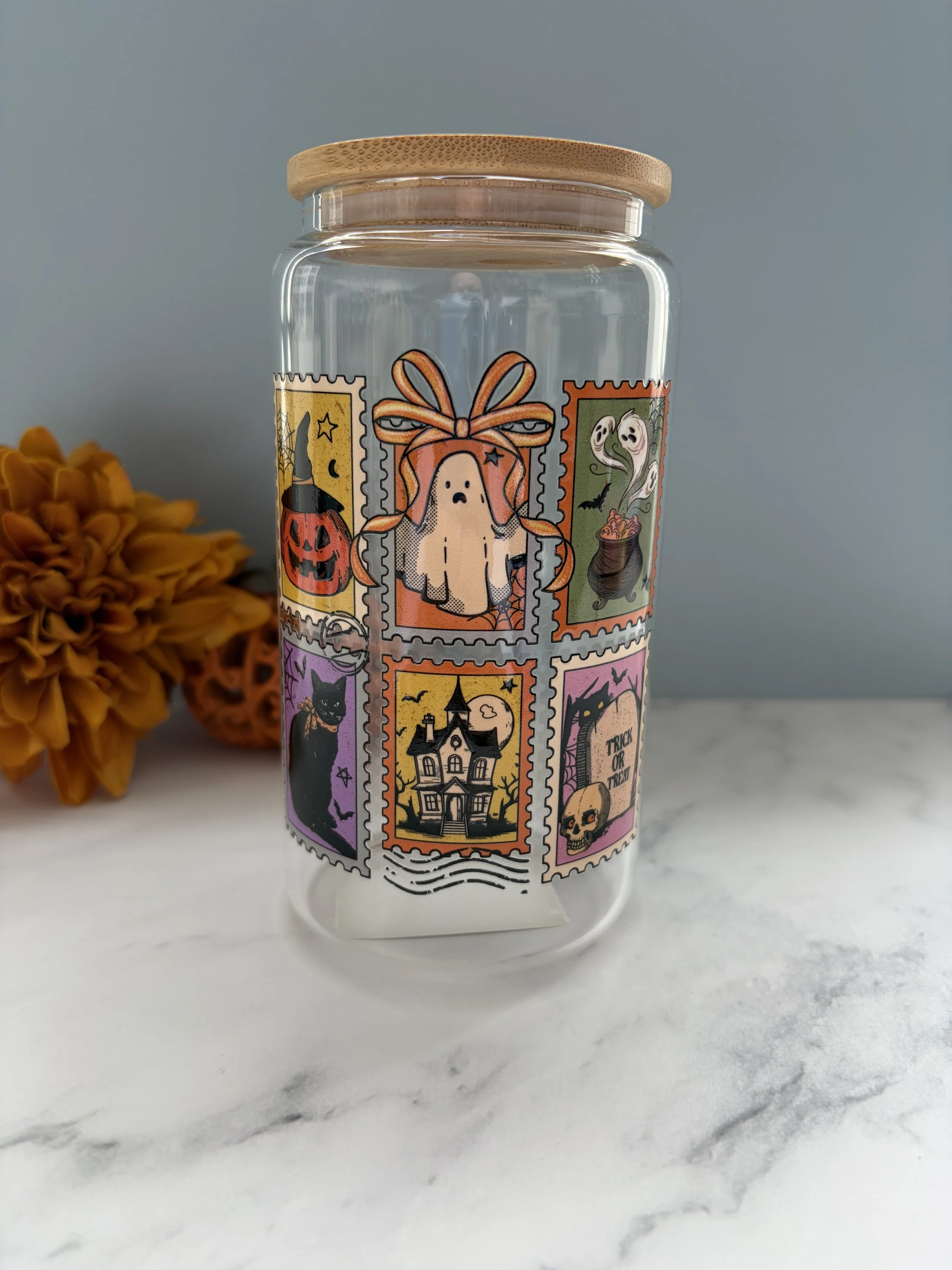 Halloween Stamp Beer Can Glass with Bamboo Lid