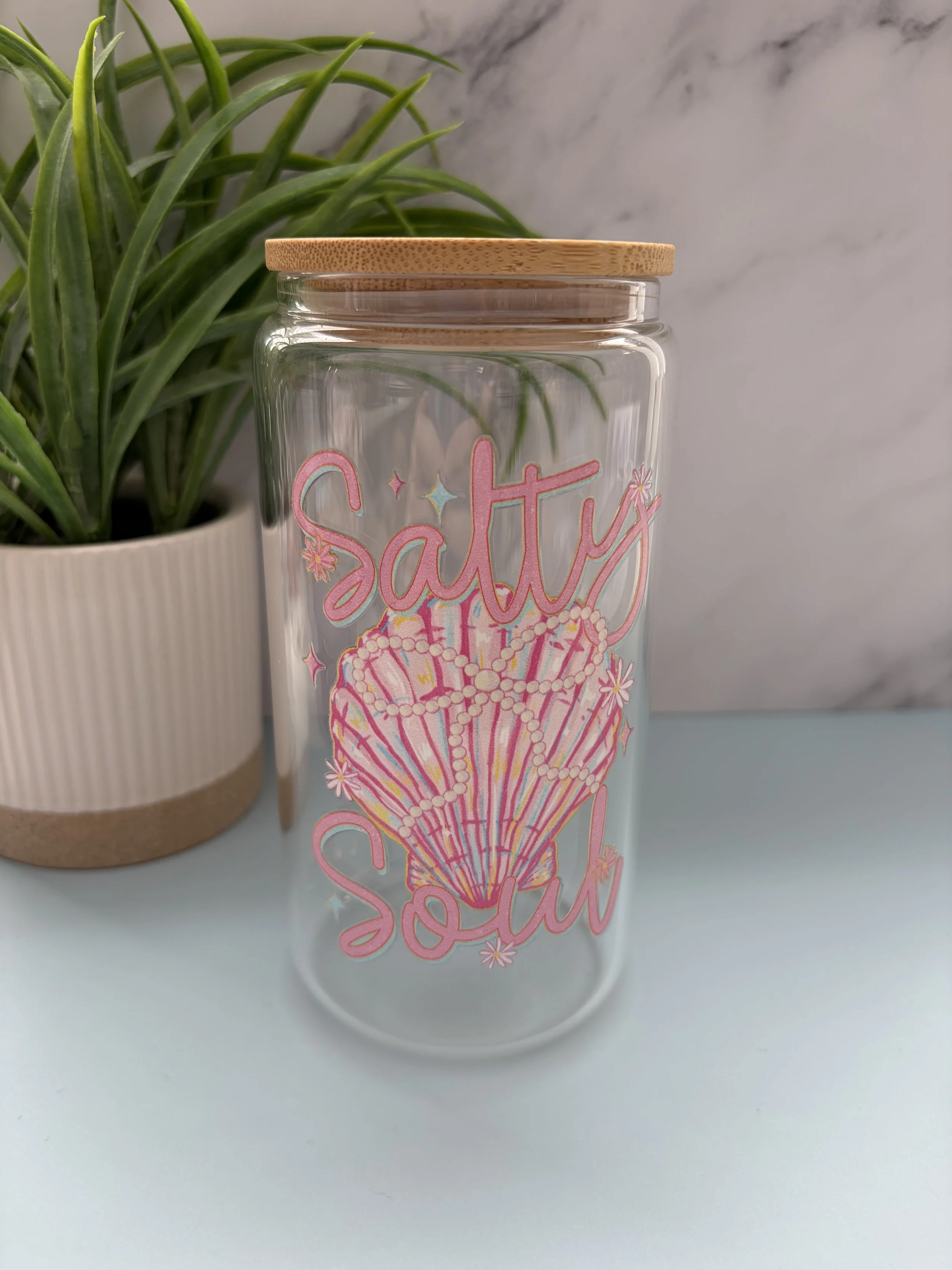 Pink Salty Soul 16oz Glass Tumbler with Bamboo Lid