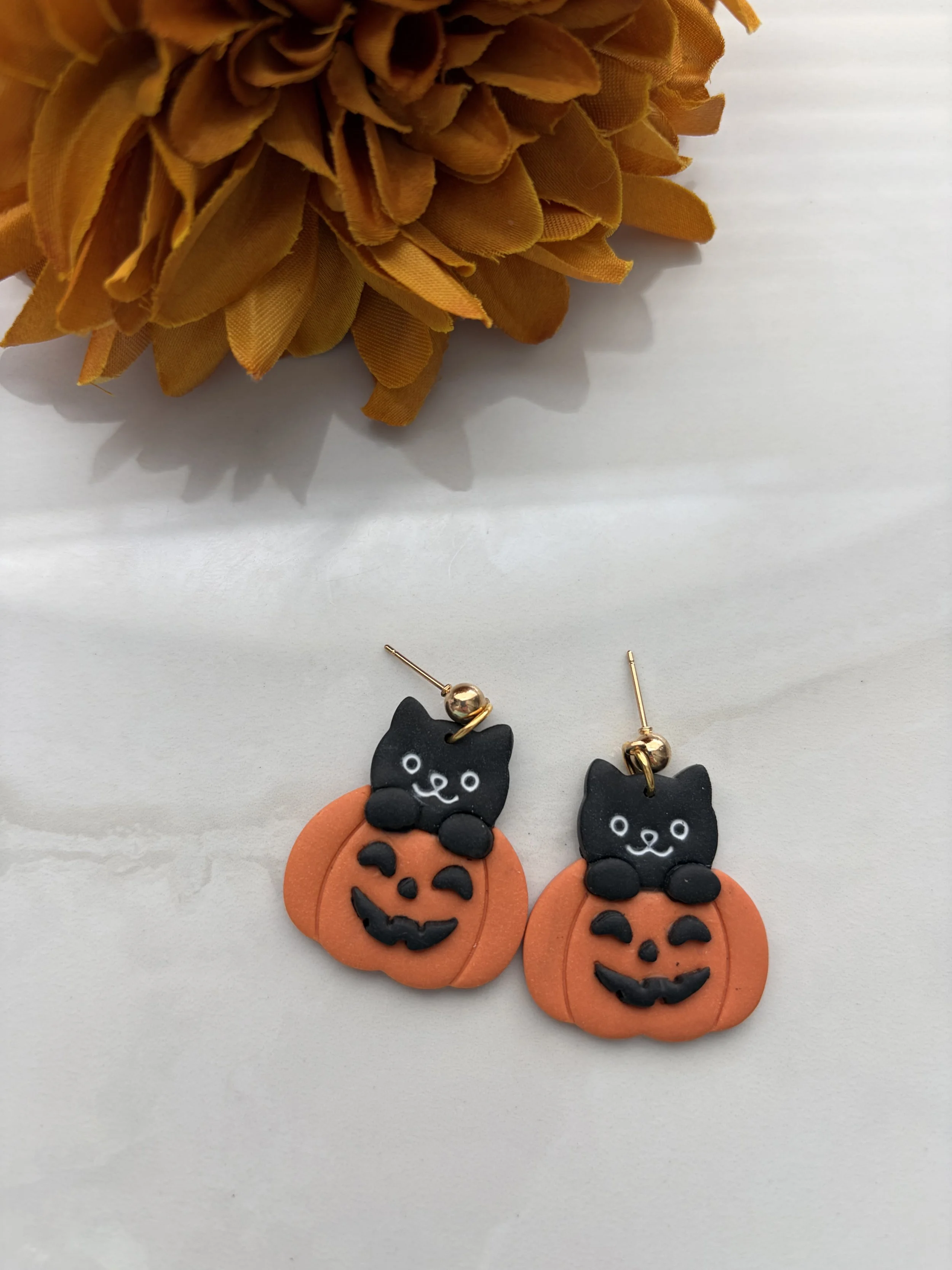 Whimsical Black Cat in Pumpkin Earrings
