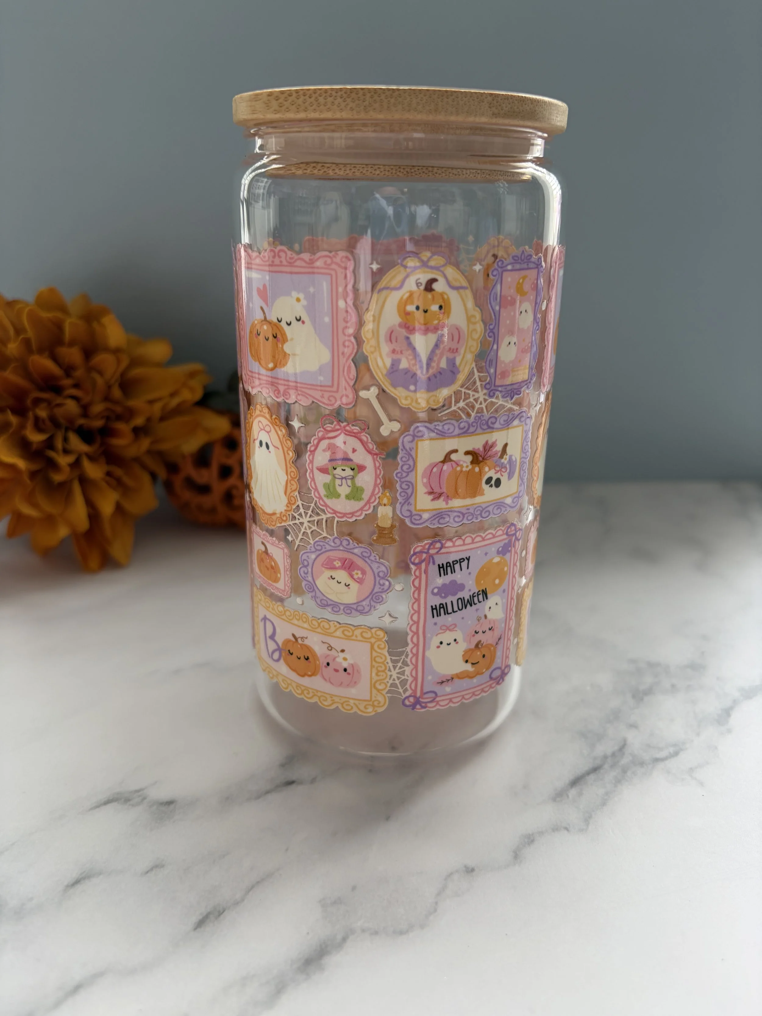 Pastel Halloween Beer Can Glass with Bamboo Lid