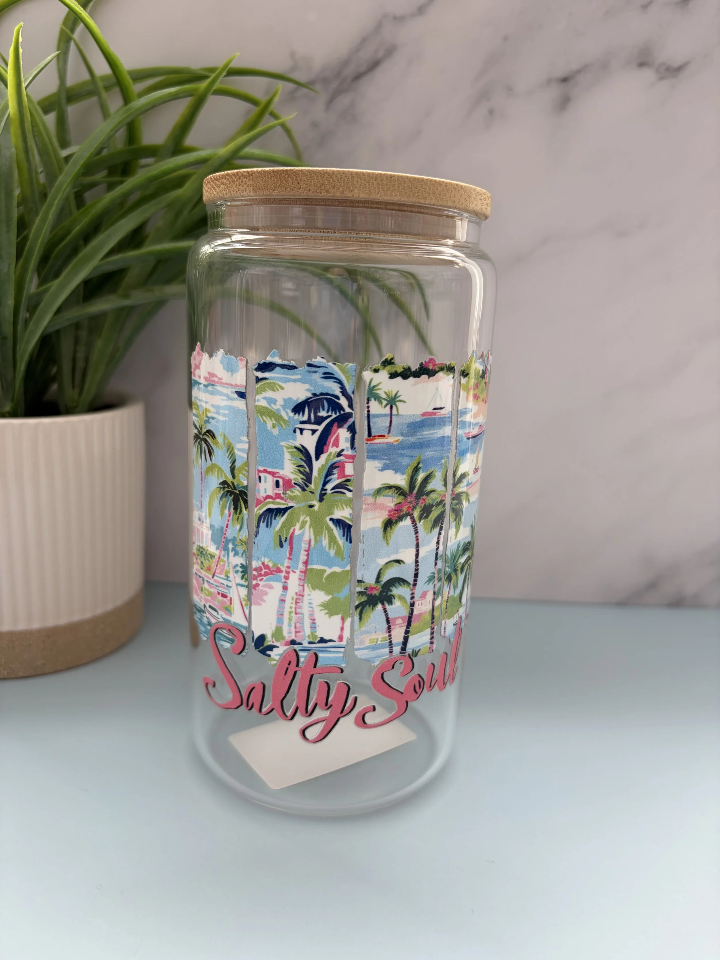 Salty Soul and Palm Trees Glass Tumbler with Bamboo Lid