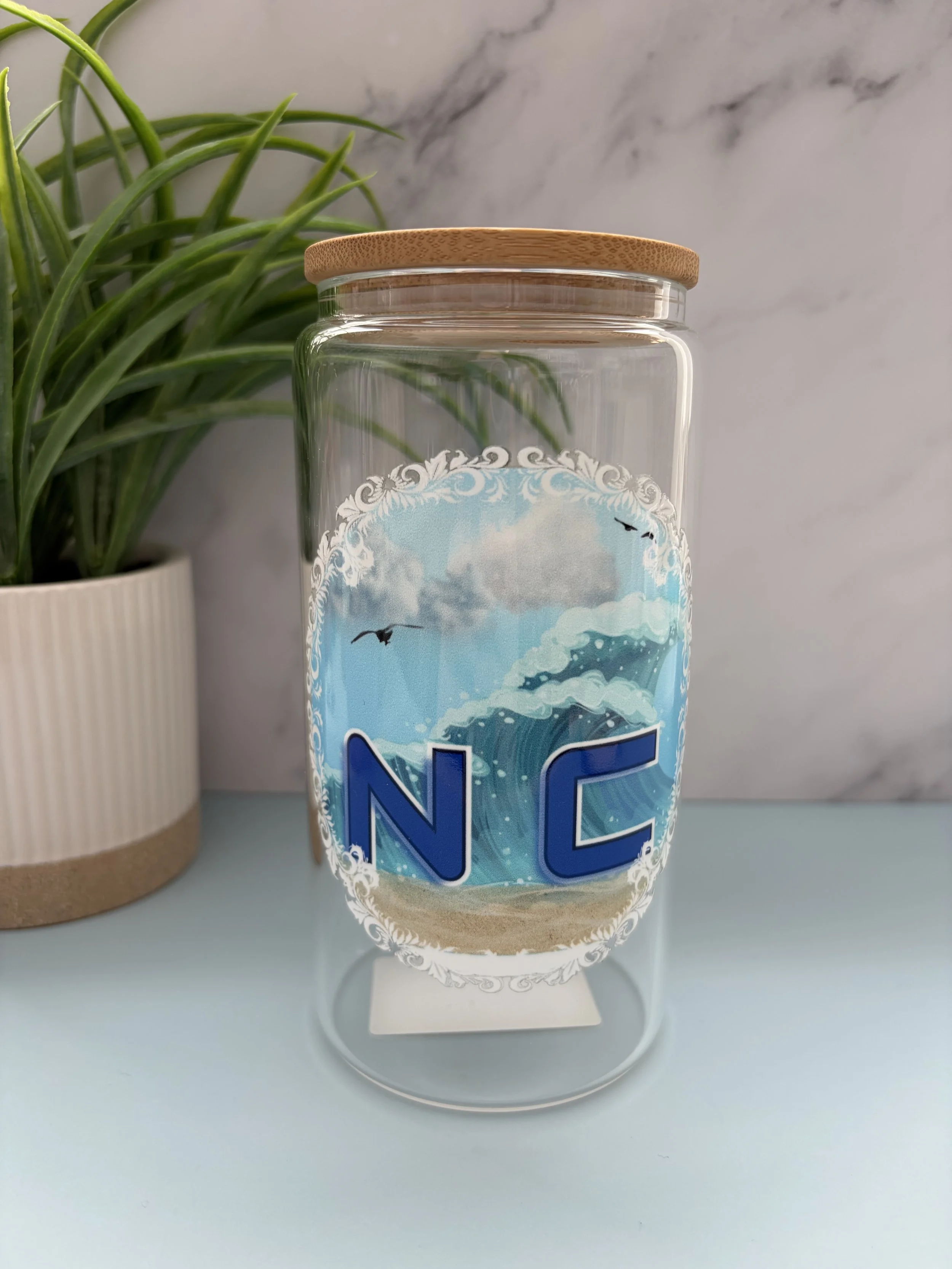NC Ocean Scene Glass Tumbler with Bamboo Lid & Straw