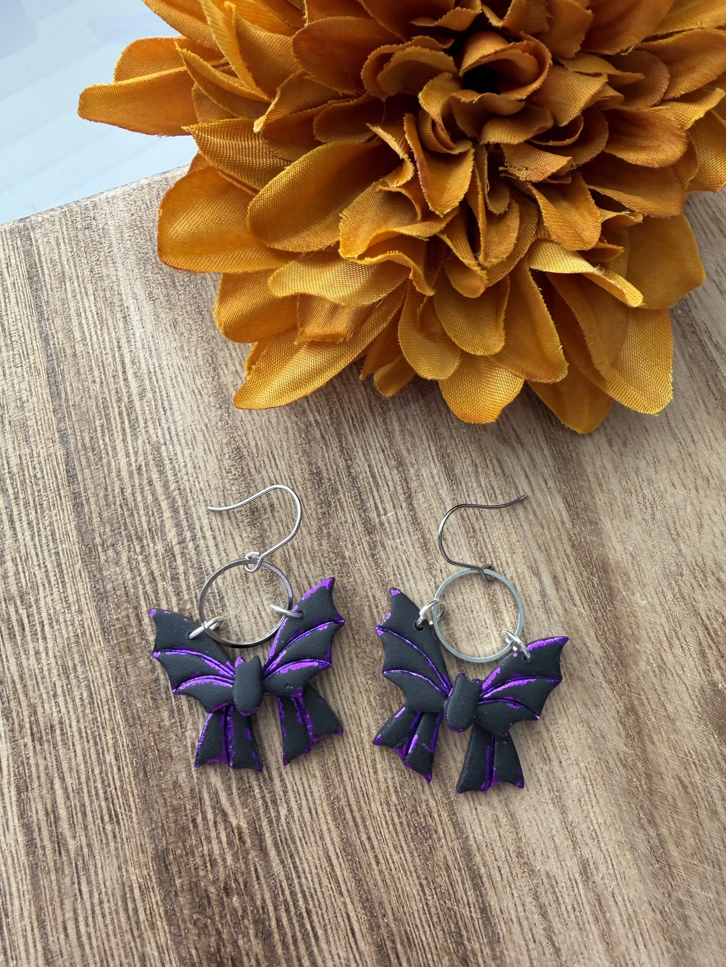 Polymer Clay Bat Bow Earrings