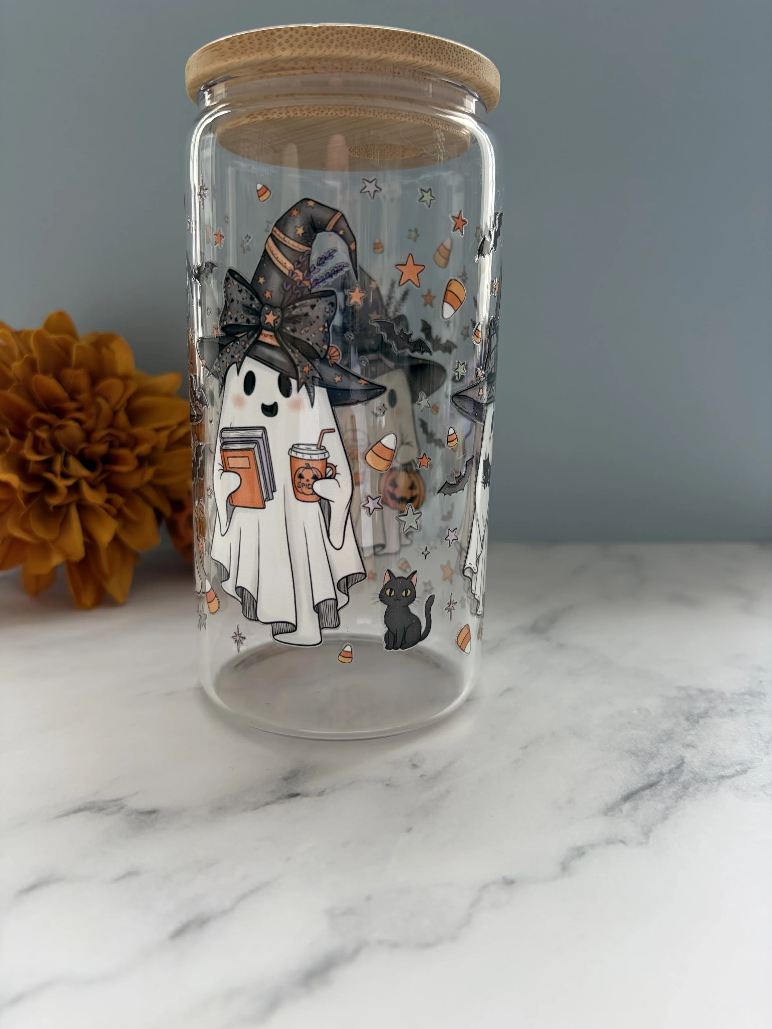 Ghostly Witch Beer Can Glass with Bamboo Lid & Straw