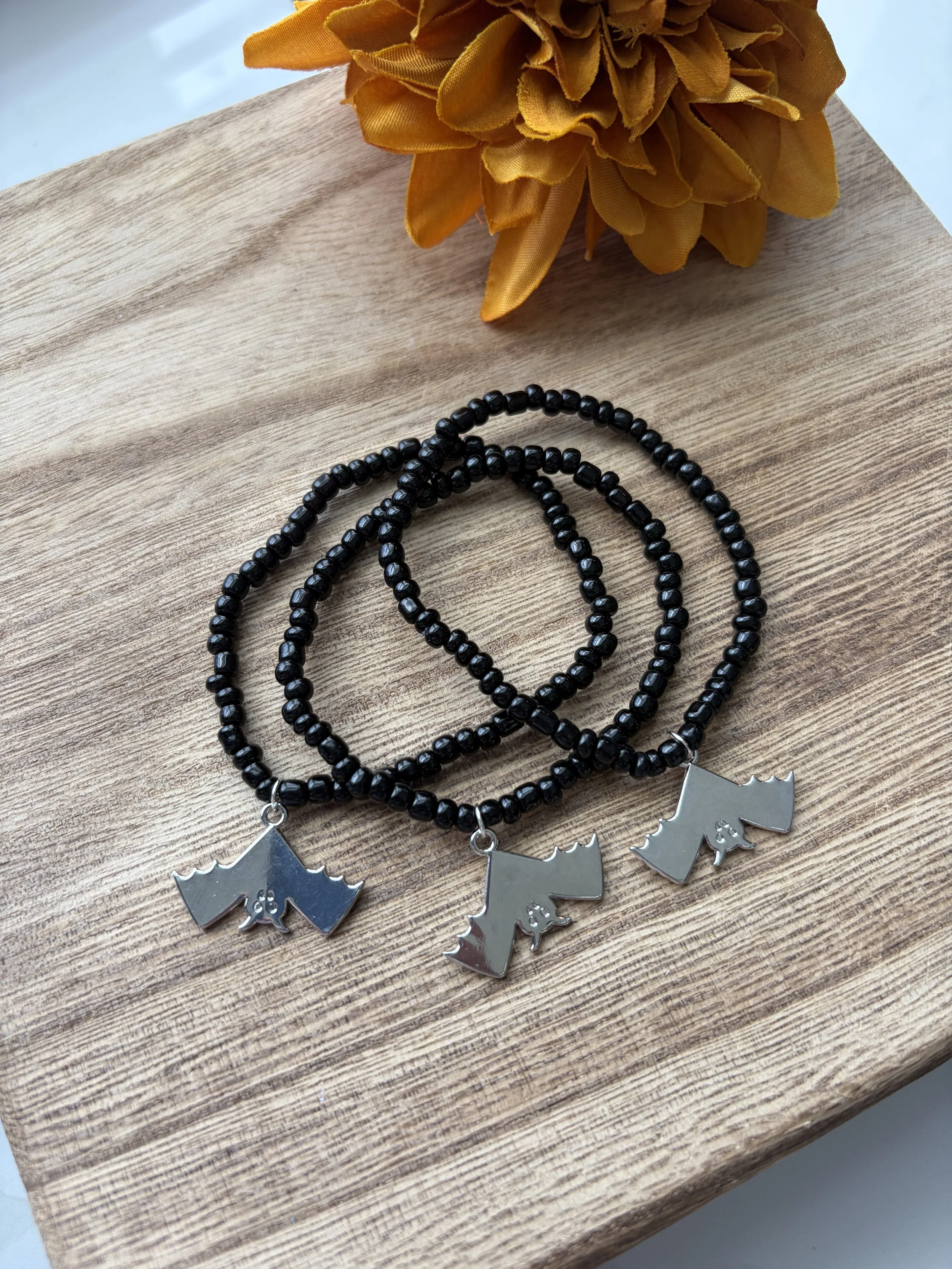 Mystic Night Black Beaded Bracelet with Silver Bat Charm