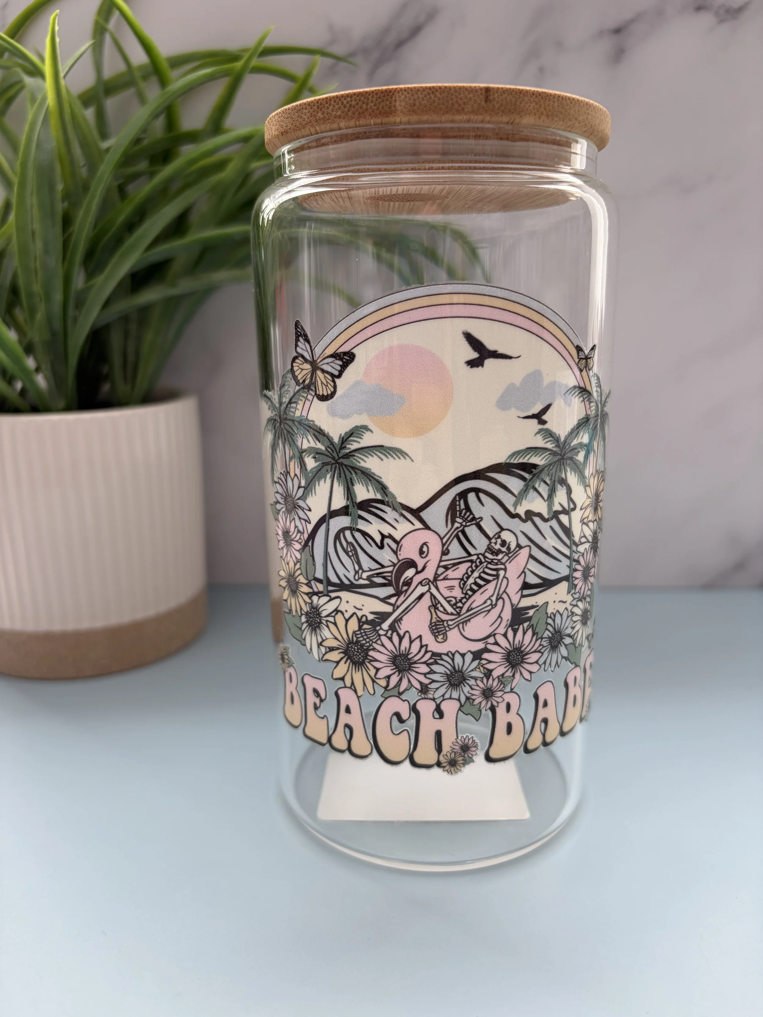 Beach Babe Glass Tumbler with Bamboo Lid & Straw