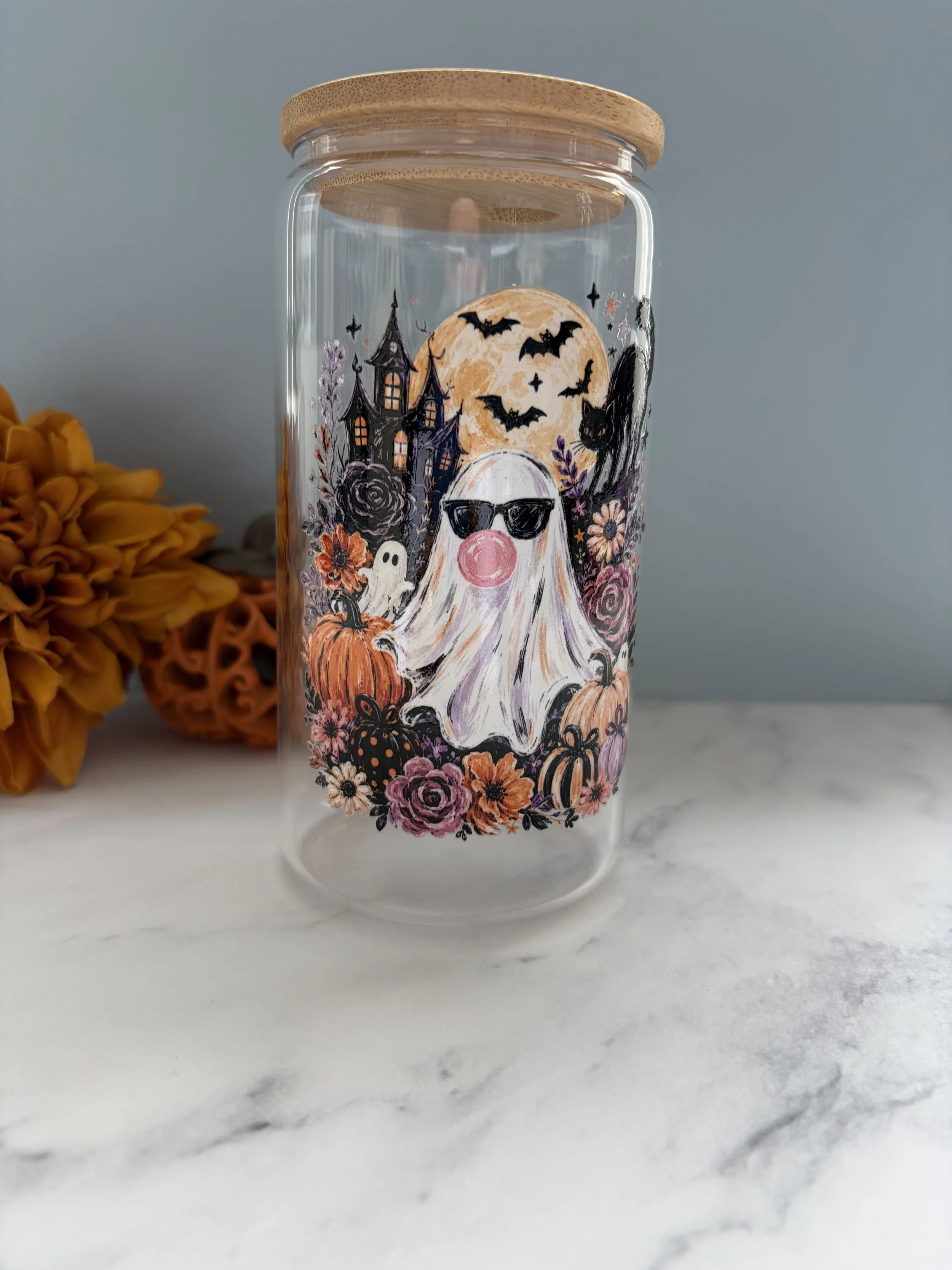 Enchanted Bubblegum Ghost Glass with Bamboo Lid & Straw