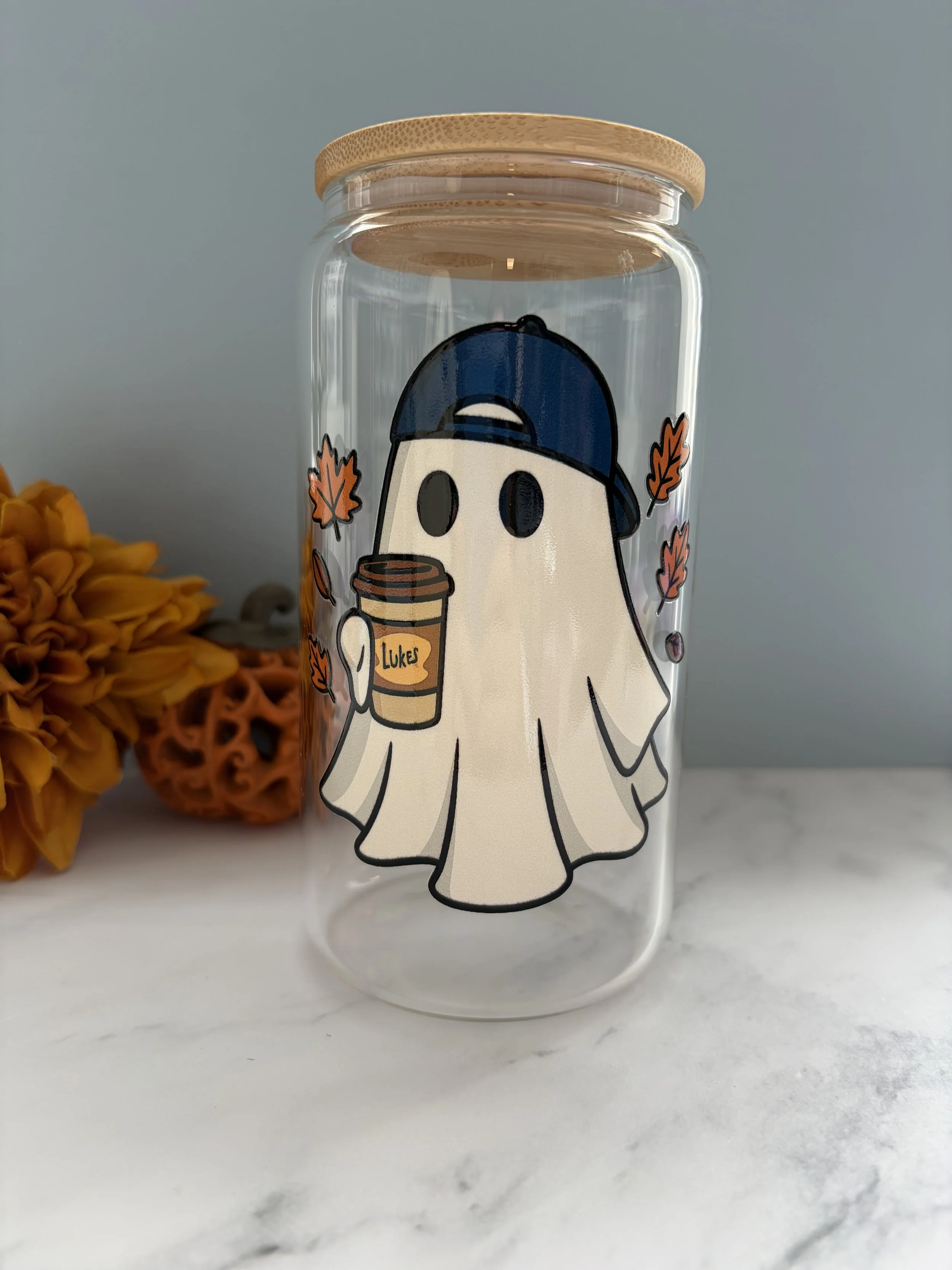 Ghostly Charm Glass Beer Can with Bamboo Lid