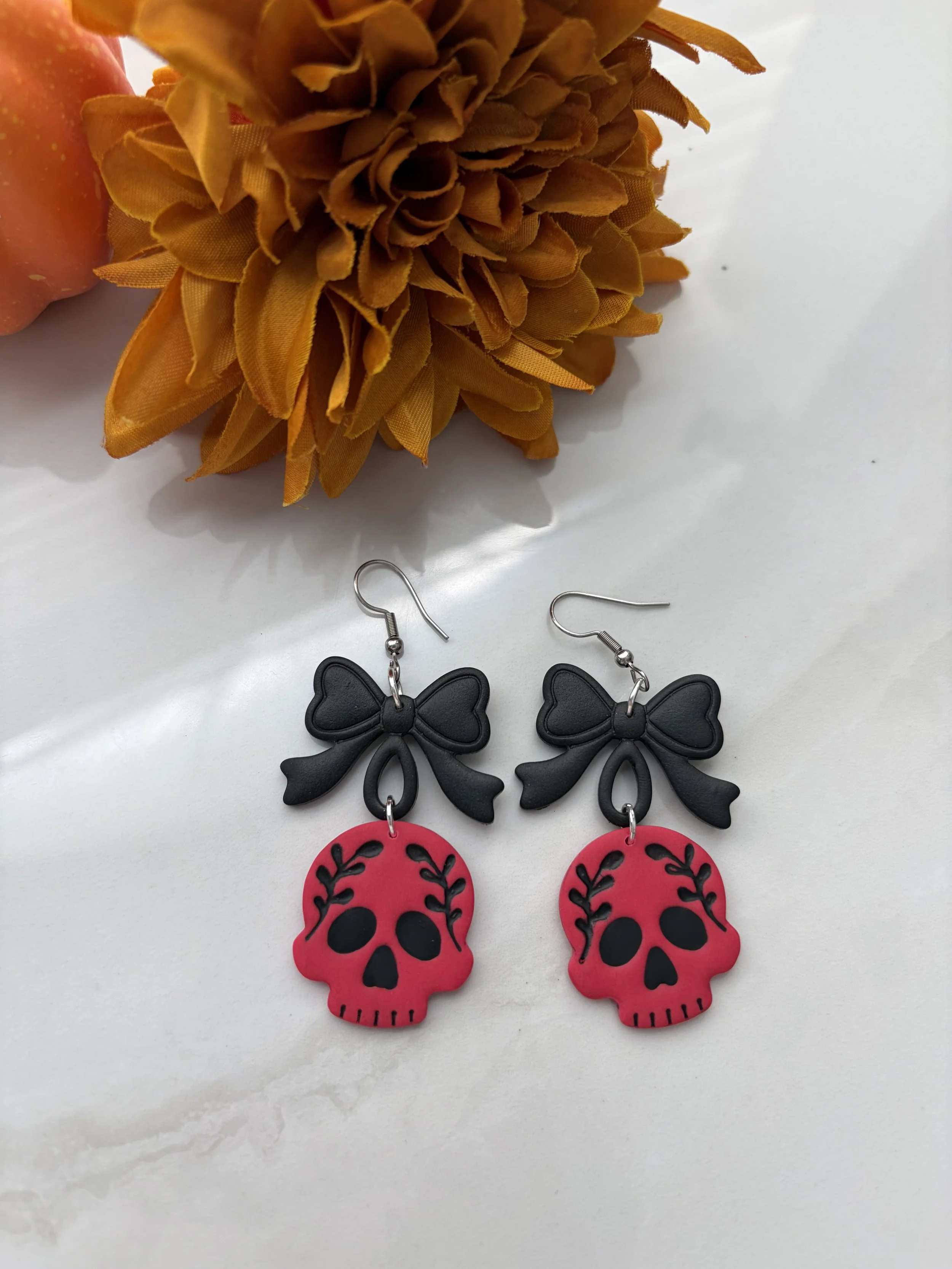 Handmade Fuchsia Skull and Bow Earrings