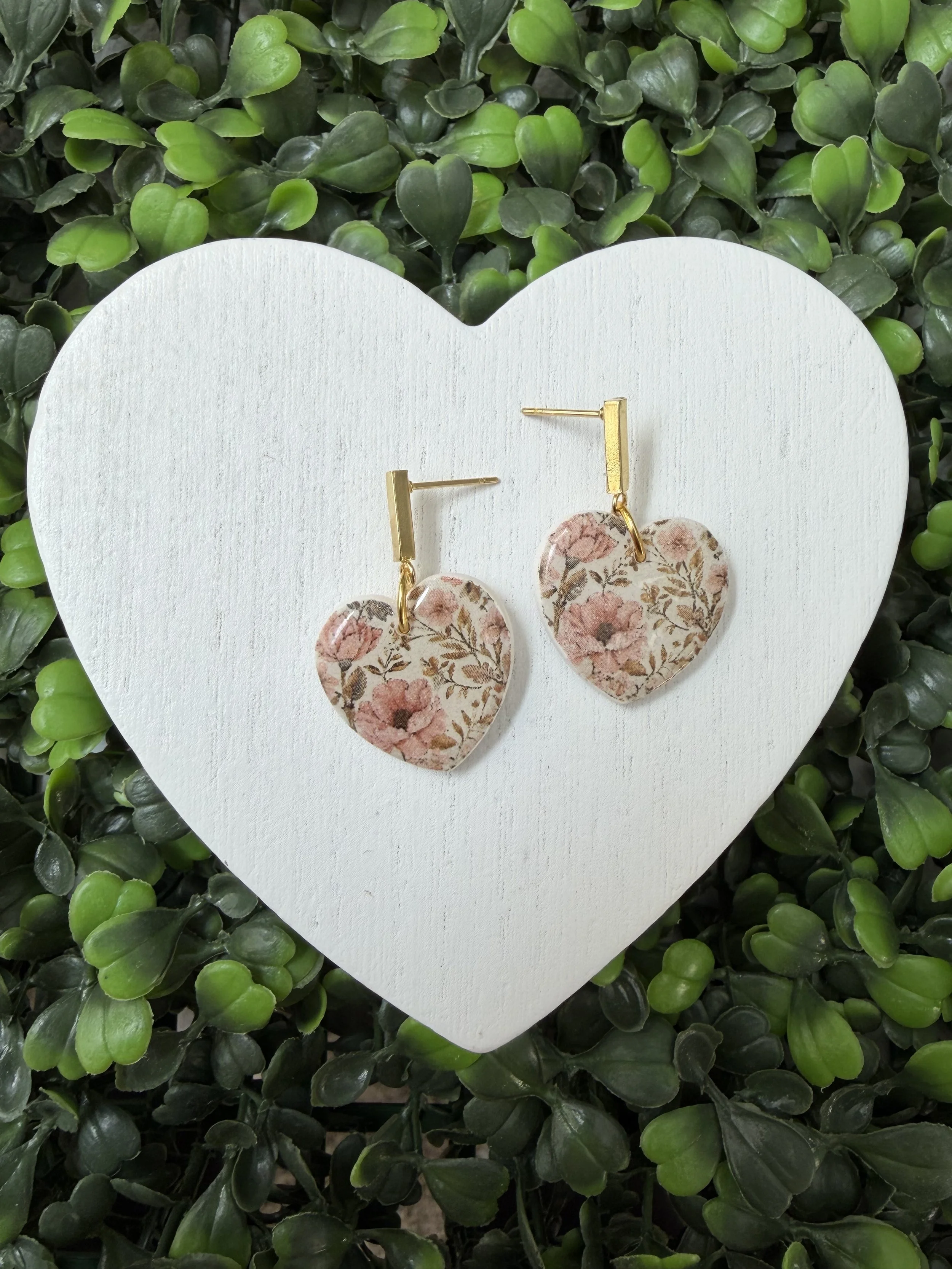 Vintage Floral Heart Earrings with Resin Shine
