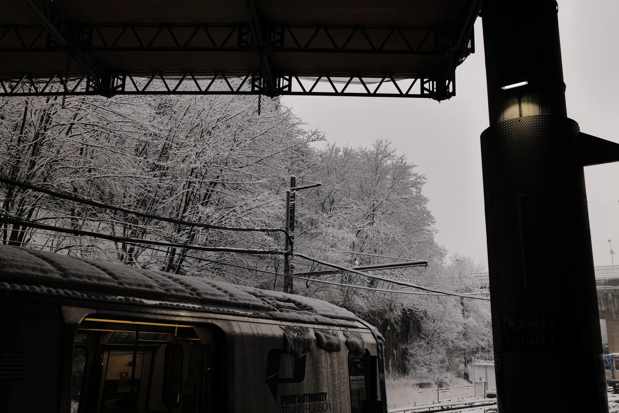 Snow-covered trees and train at a station during winter.