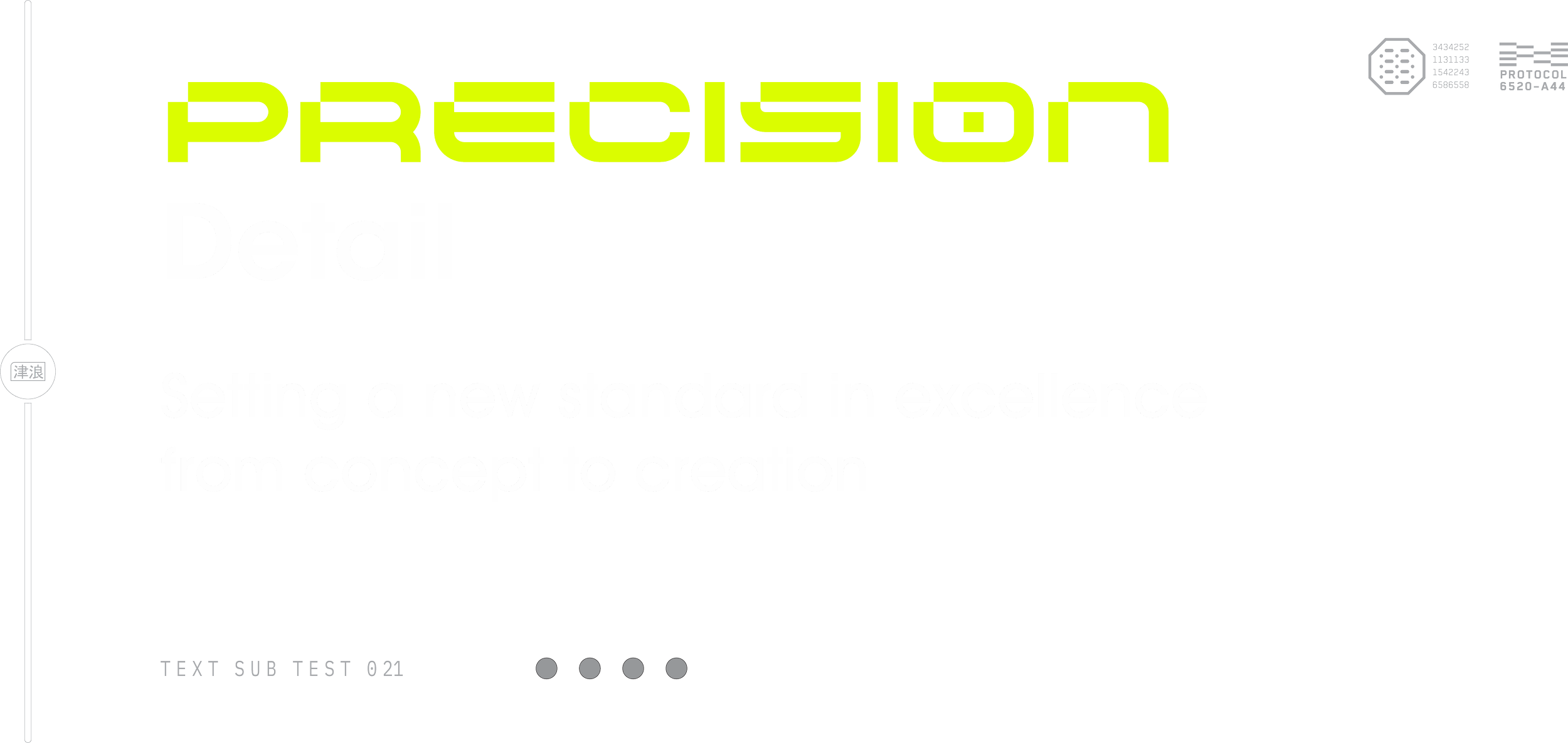 A presentation slide titled 'Precision Detail' with the subtitle 'Setting a new standard in excellence from concept to creation.' The slide includes a logo in the upper right corner and a text cluster labeled 'TEXT SUB TEST 021' along the bottom.