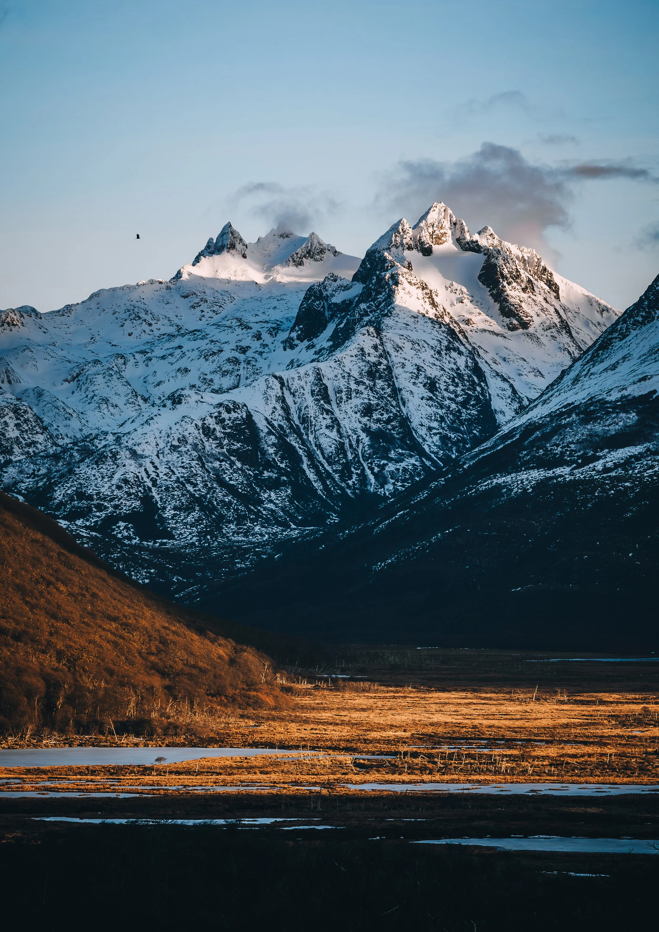 Feiry landscapes of Tierra del Fuego with towering mountains in the background