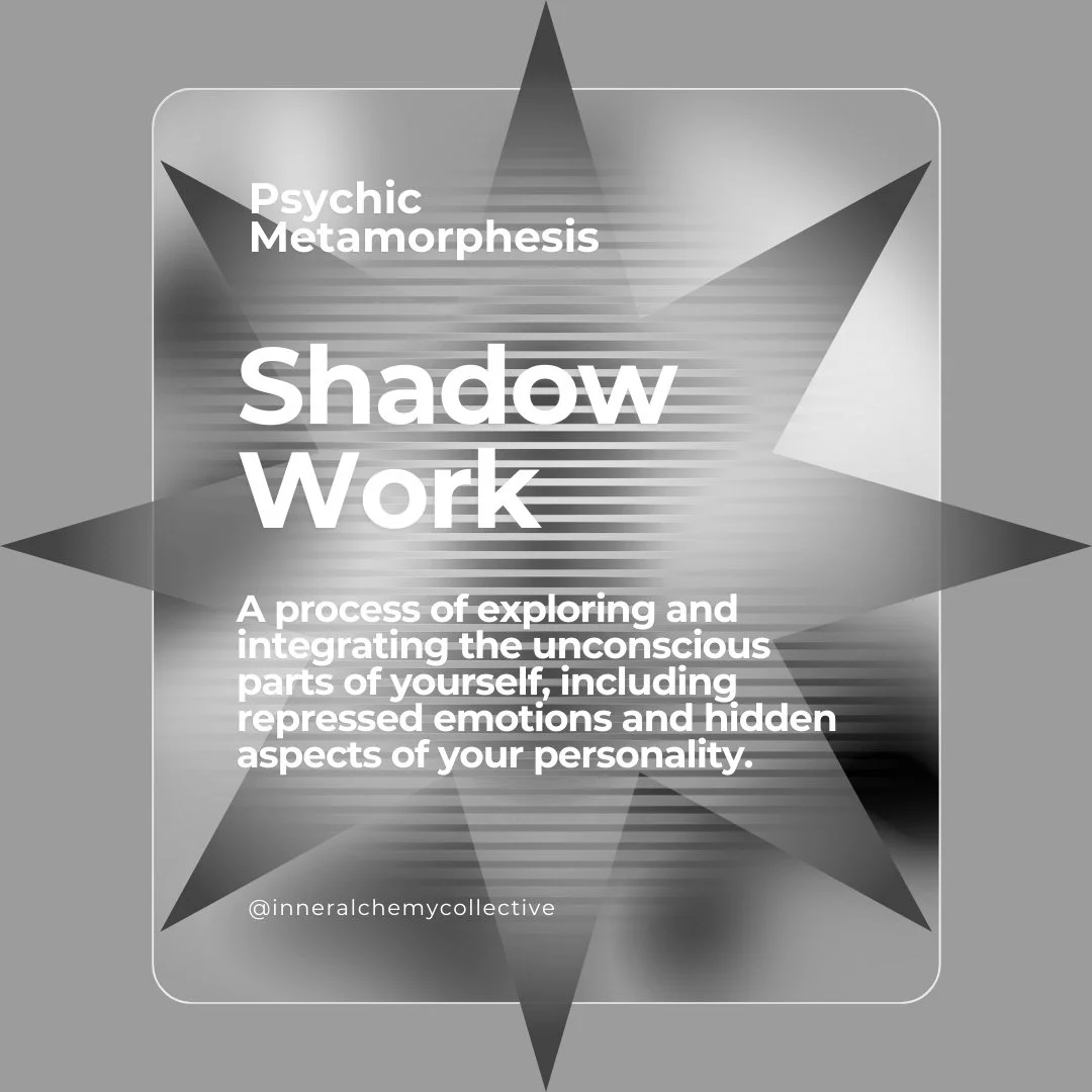 Text-centric graphic about shadow work and psychic metamorphosis, depicting an abstract star shape in grayscale, with the quote: 'A process of exploring and integrating the unconscious parts of yourself, including repressed emotions and hidden aspects of your personality.'