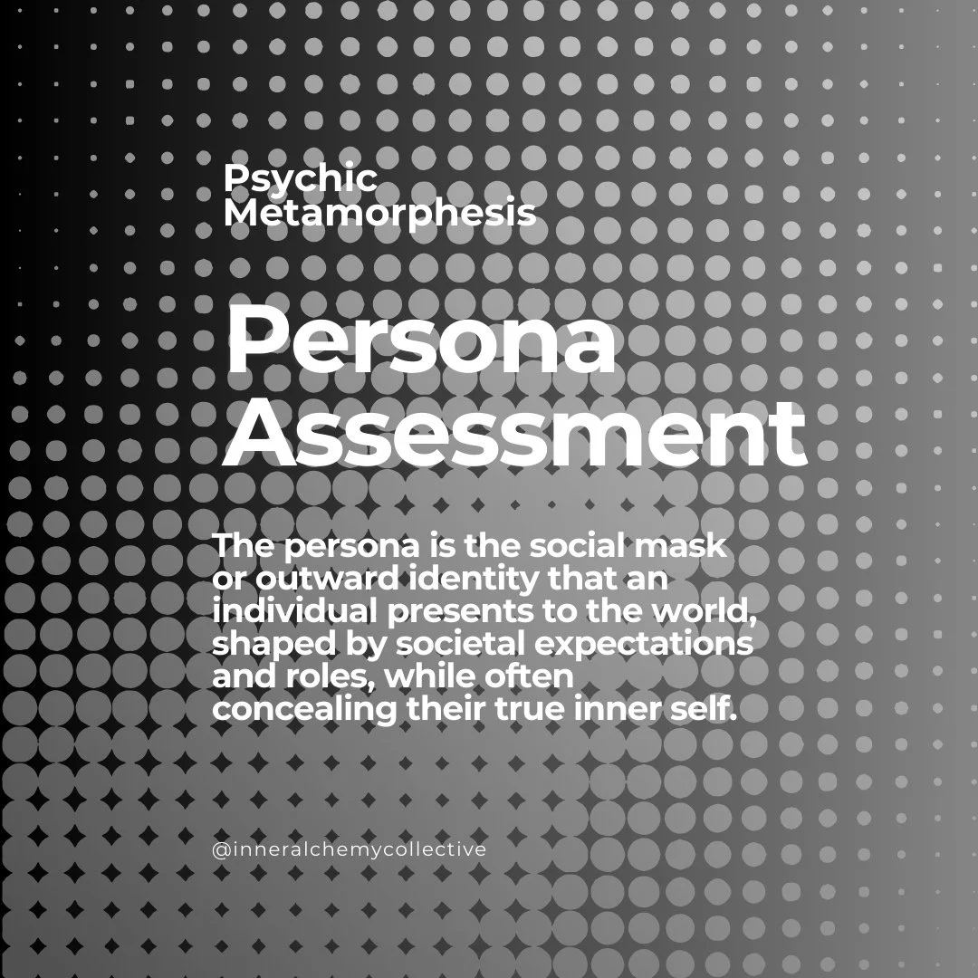 A digital graphic with a gray halftone pattern background and white text that reads: "Psychic Metamorphosis" and "Persona Assessment." The text explains that a persona is the social mask or outward identity presented to the world, shaped by societal expectations and roles, often hiding the true inner self. The handle @inneralchemmycollective is at the bottom.