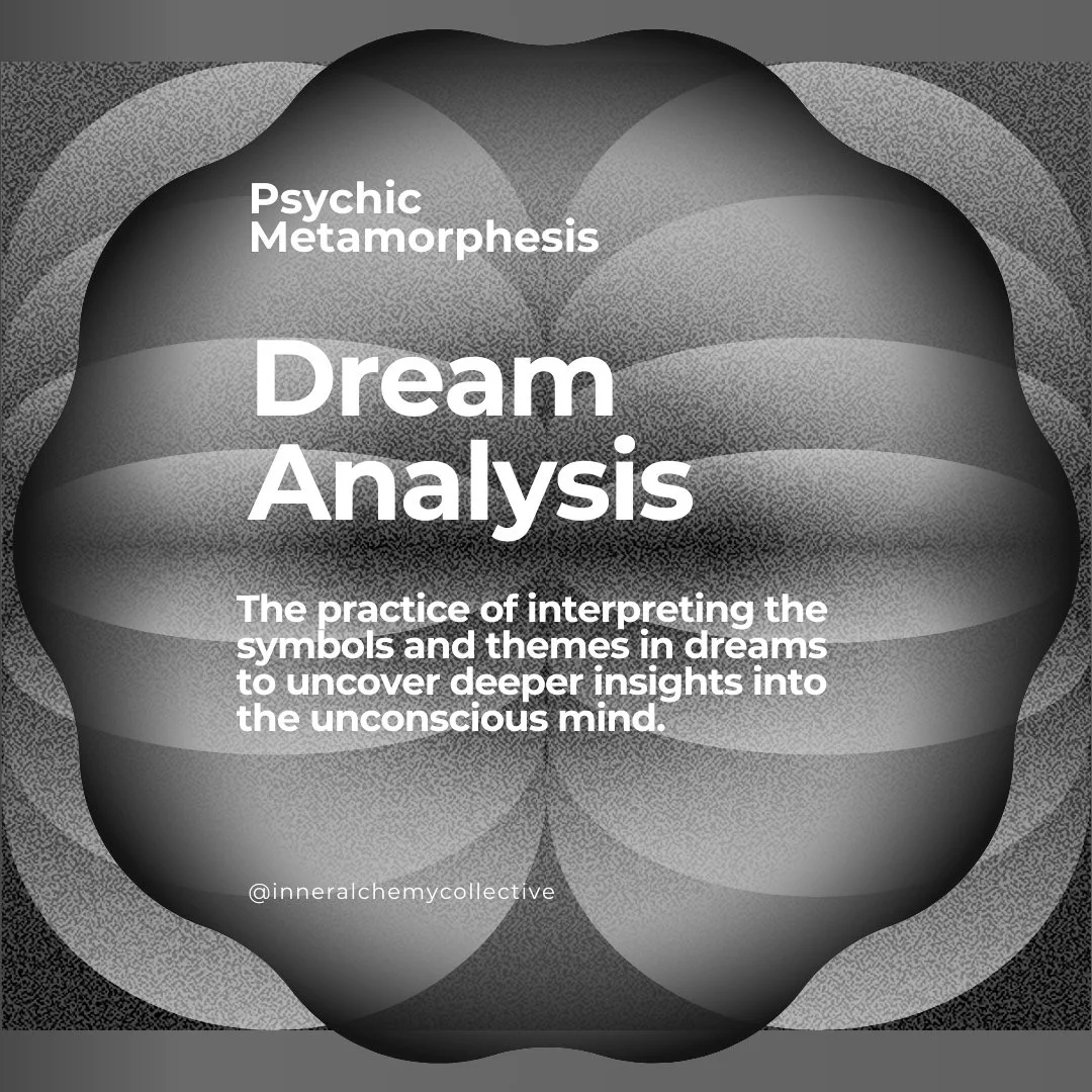Black and white abstract graphic with overlapping circular shapes and the text 'Psychic Metamorphosis: Dream Analysis. The practice of interpreting the symbols and themes in dreams to uncover deeper insights into the unconscious mind.'