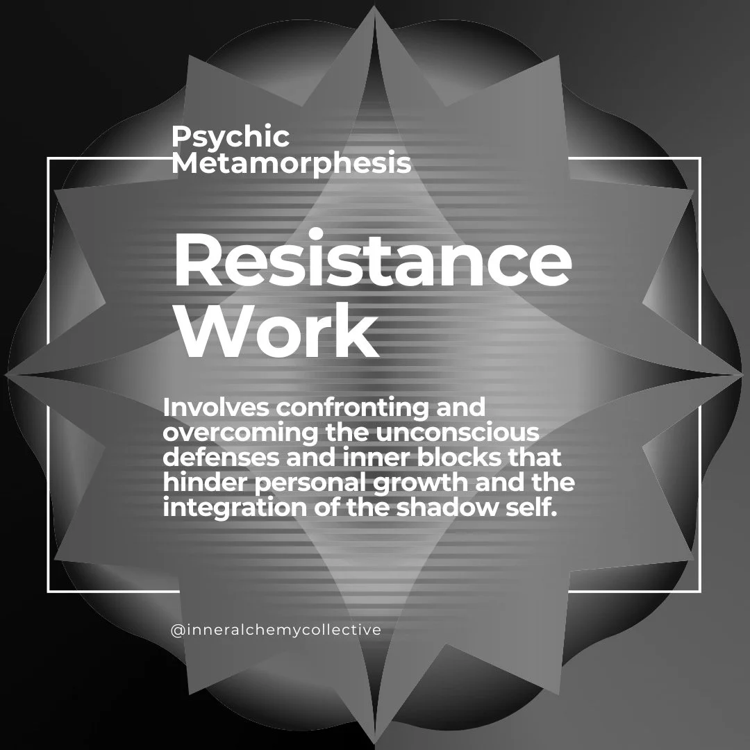 A graphic with text about resistance work, psychic metamorphosis, and confronting inner defenses, featuring a layered star shape with gradient shading on a black background.