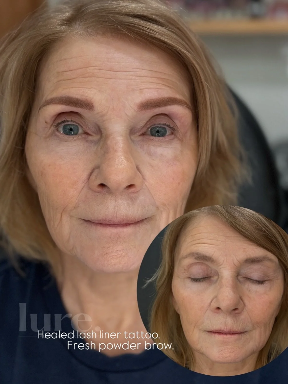 Her old, patchy microblading wasn&rsquo;t gellin&rsquo; with her, so we evened out her symmetry and brought her brows back to life with a soft powder finish.

That healed charcoal lash liner 🫠
Just the right touch for those blue eyes 💙
.
#lurestudi